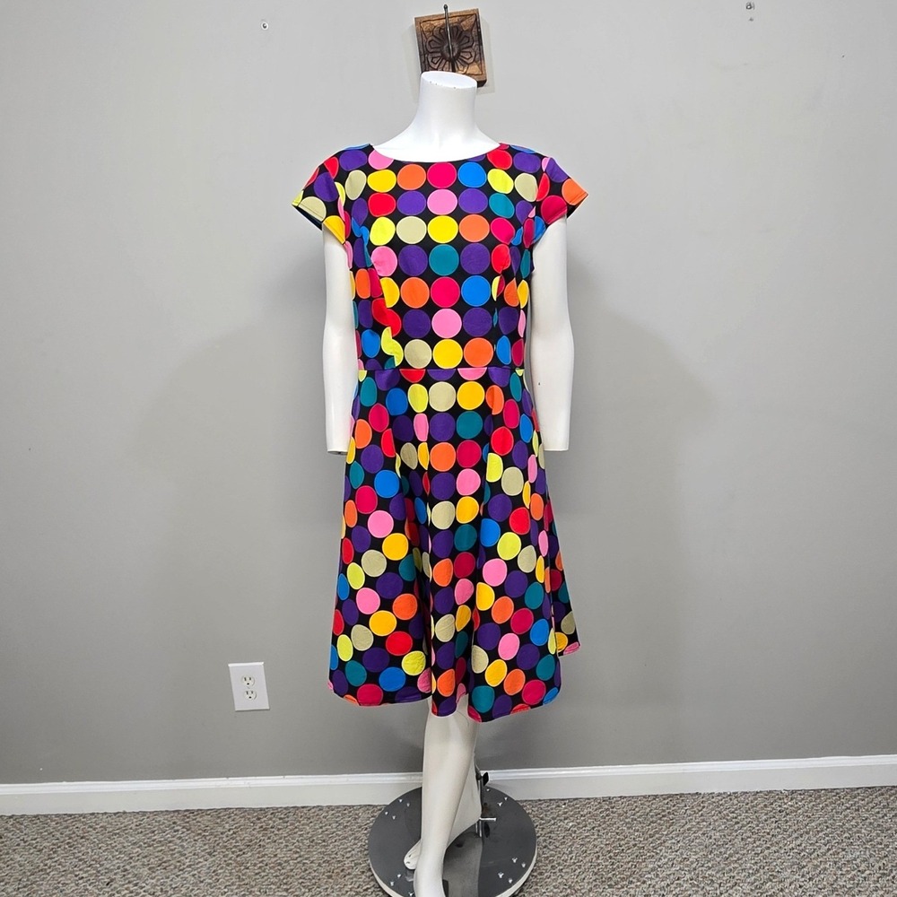 PUKAVT Retro Fit & Flare Dress Large Colorful Polka Dot Rockabilly Pinup Pockets